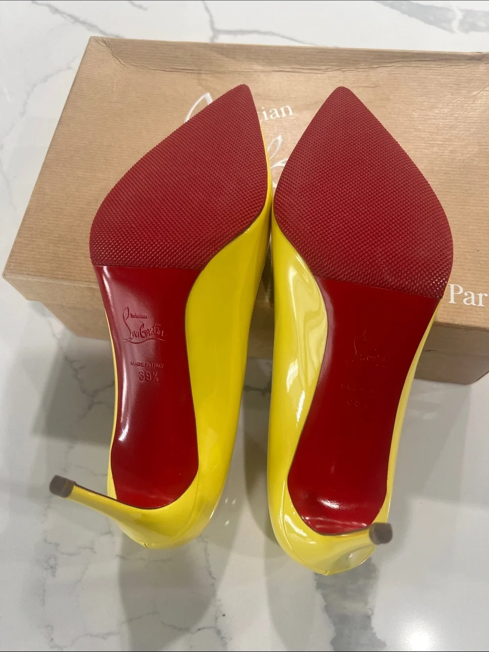 Christian Louboutin Yellow Patent Pointed Toe Pumps - Picture 9 of 16